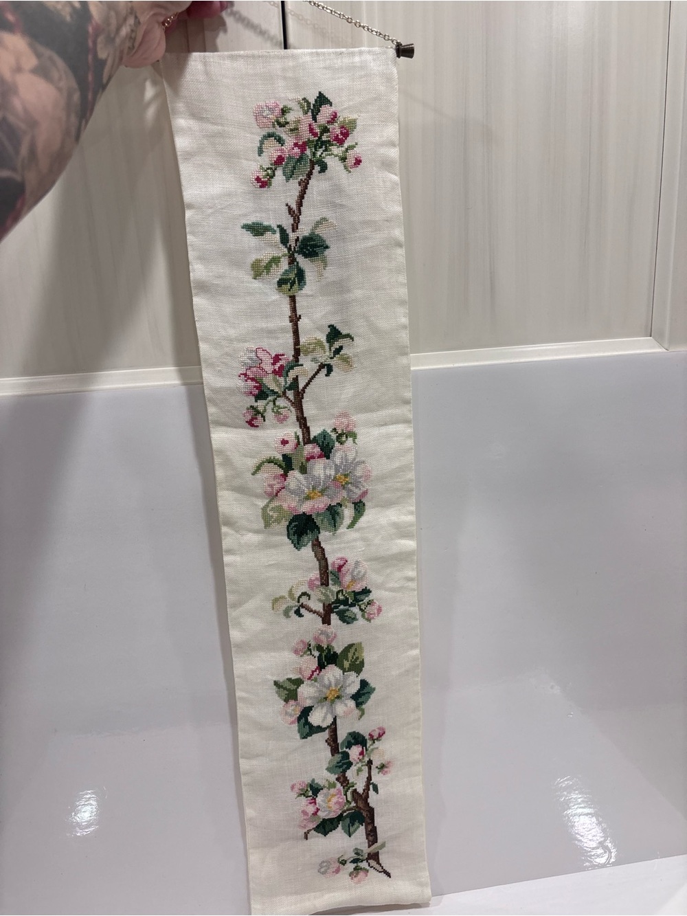 Vintage handmade counter cross stitch apple blossom floral bellpull wall hanging